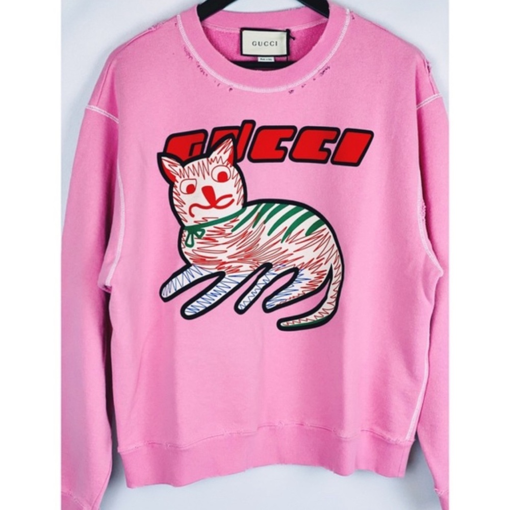 Gucci distressed printed French terry cotton-jersey sweatshirt with cat graphic